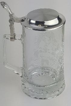 GLASS BEER STEIN WITH METAL LID - FOOTBALL ETCHING