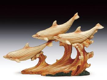 THREE DOLPHINS WITH WAVE - WOOD LIKE