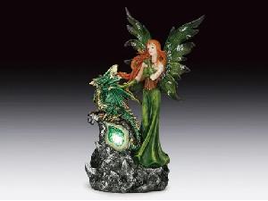 GREEN FAIRY WITH DRAGON AND LED LIGHT