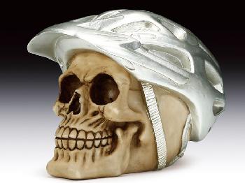 SKULL WITH SILVER BIKING HELMET STATUE