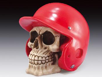 SKULL WITH RED BATTERS HELMET STATUE