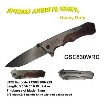 KNIFE - SPRING ASSISTED - PAKKA WOOD HANDLE - CURVED BLADE