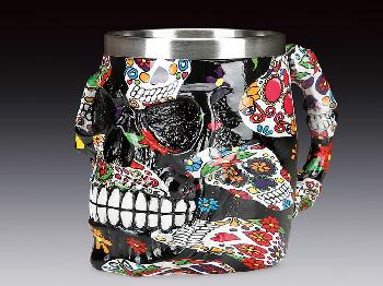 MUG WITH PRINTED MAYAN FLOWER SKULL DESIGN